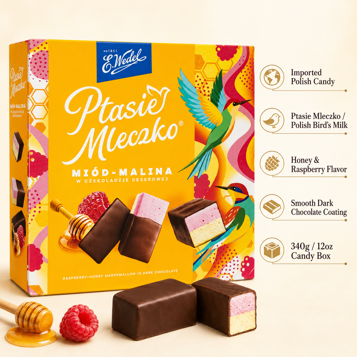 E. Wedel Limited Edition Ptasie Mleczko Polish Bird's Milk – Raspberry Honey in Dark Chocolate, 340g