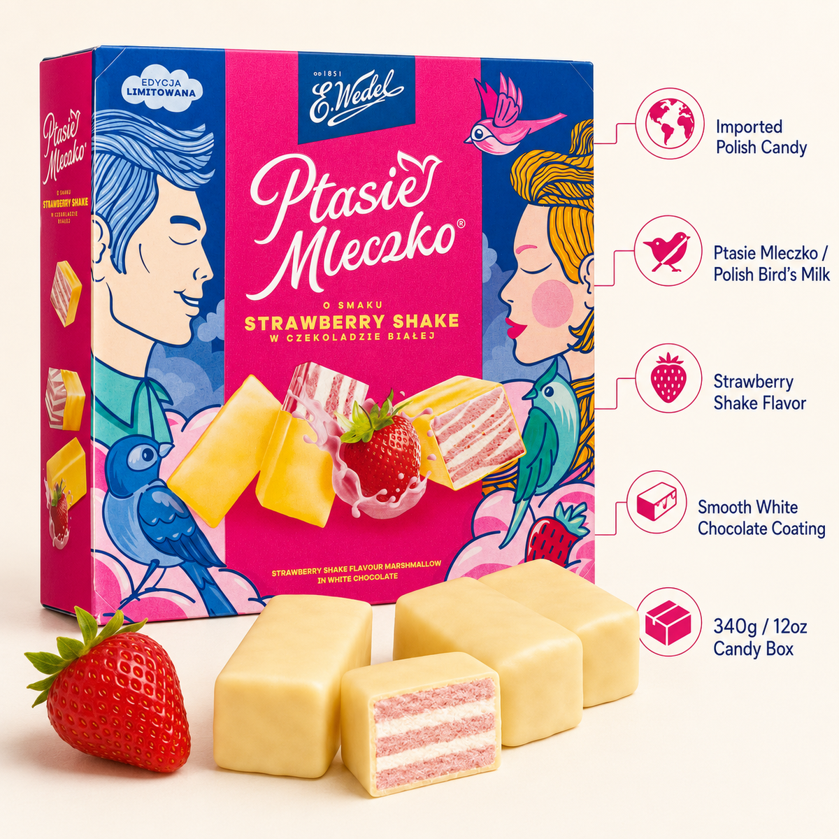 E. Wedel Limited Edition Ptasie Mleczko Polish Bird's Milk – Strawberry Shake in White Chocolate, 340g