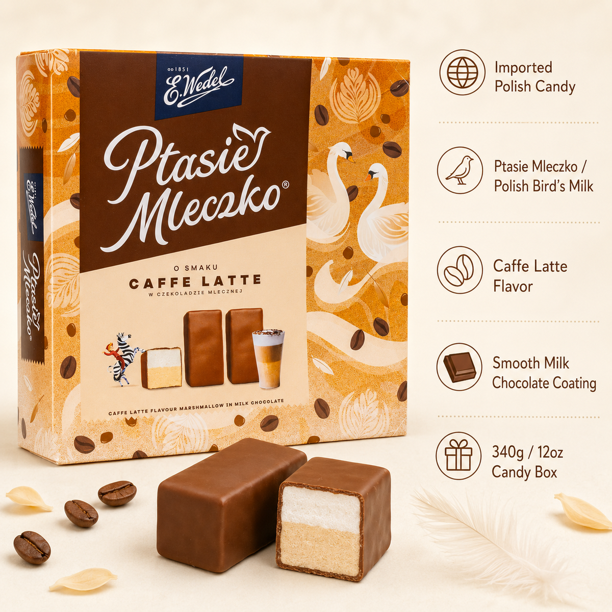 E. Wedel Ptasie Mleczko Polish Bird's Milk – Caffe Latte Marshmallow in Milk Chocolate, 340g