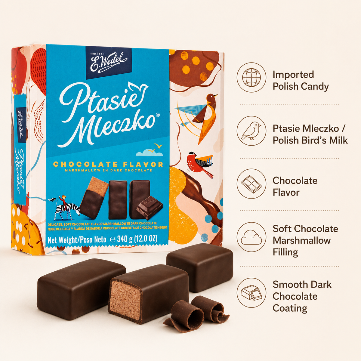 E. Wedel Ptasie Mleczko Polish Bird's Milk – Chocolate Marshmallow in Dark Chocolate, 340g