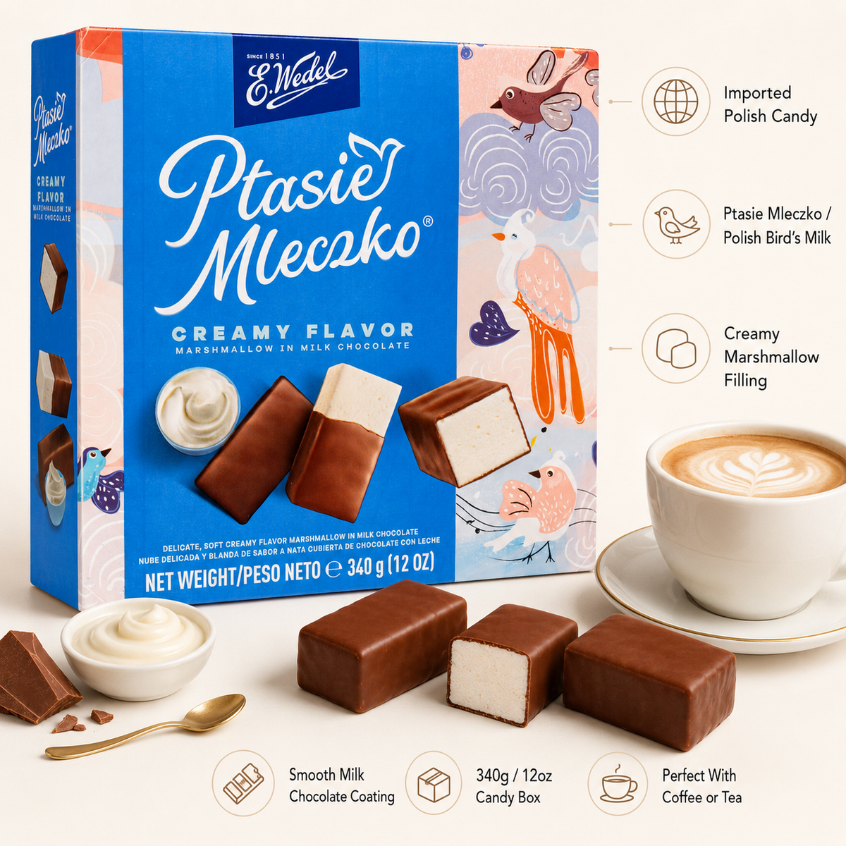 E. Wedel Ptasie Mleczko Polish Bird's Milk – Creamy Marshmallow in Milk Chocolate, 340g