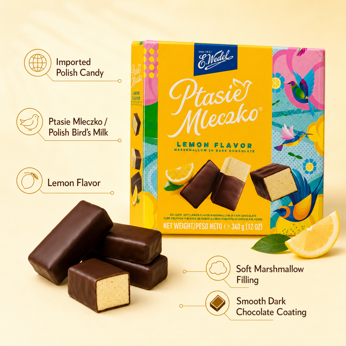 E. Wedel Ptasie Mleczko Polish Bird's Milk – Lemon Marshmallow in Dark Chocolate, 340g