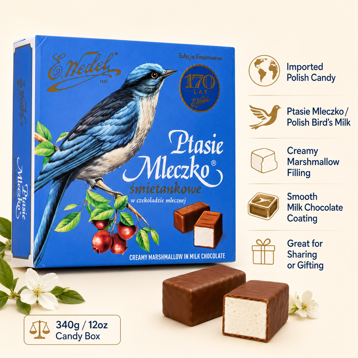 E. Wedel Vintage Ptasie Mleczko Bird’s Milk Cream Marshmallows in Milk Chocolate, 36 Pieces, 12 oz (340 g)