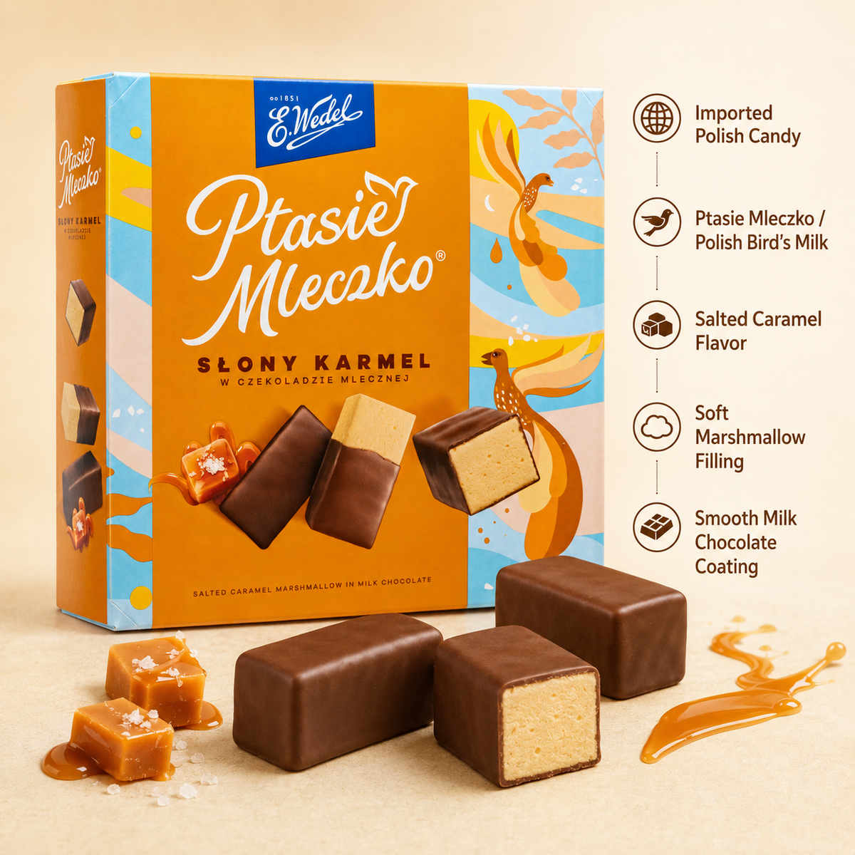 E. Wedel Ptasie Mleczko Polish Bird's Milk – Salted Caramel Marshmallow in Milk Chocolate, 340g