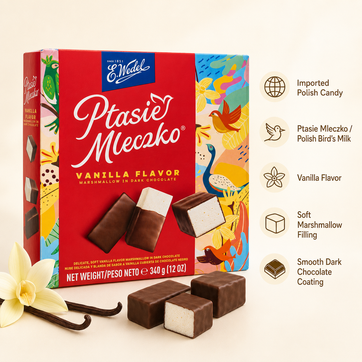 E. Wedel Ptasie Mleczko Polish Bird's Milk – Vanilla Marshmallow in Dark Chocolate, 340g