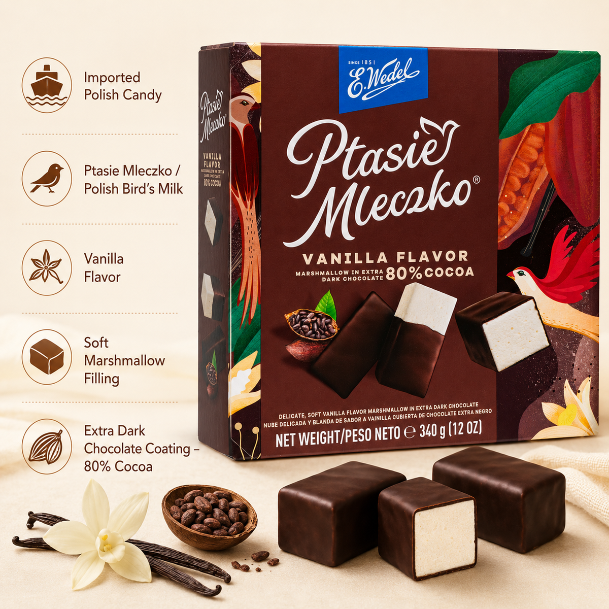 E. Wedel Ptasie Mleczko Polish Bird's Milk – Vanilla Marshmallow in 80% Extra Dark Chocolate, 340g