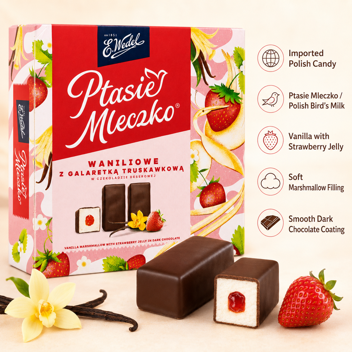 E. Wedel Ptasie Mleczko Polish Bird's Milk – Vanilla Marshmallow with Strawberry Jelly in Dark Chocolate, 340g