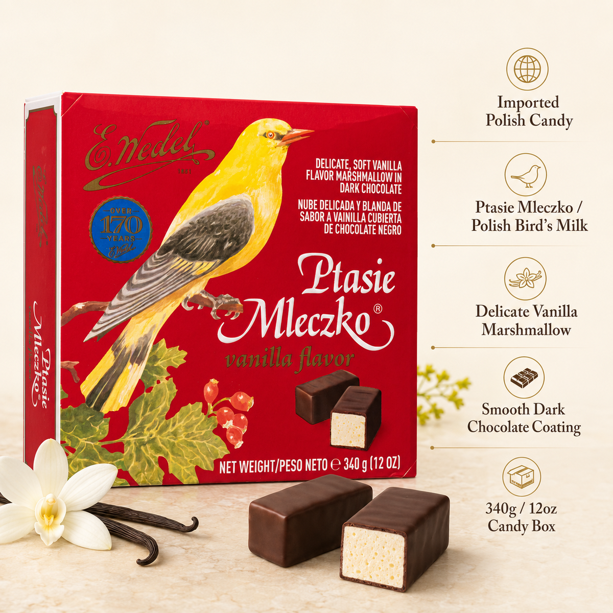 E. Wedel Vintage Ptasie Mleczko Polish Bird's Milk – Vanilla Marshmallow in Dark Chocolate, 340g