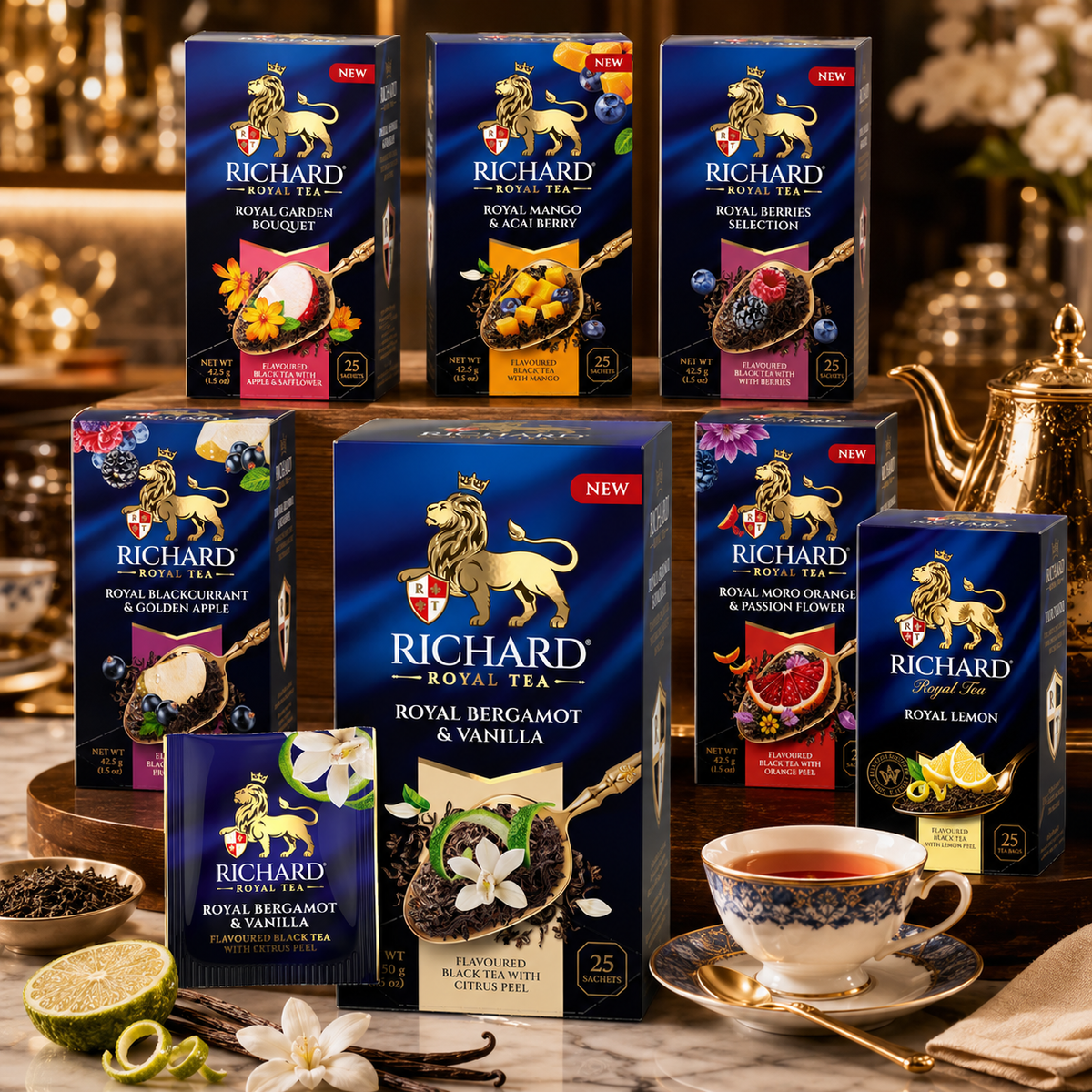 Richard Royal Bergamot & Vanilla Ceylon Black Tea Bags with Citrus Peel, 25-Sachet Gift Box, 50g