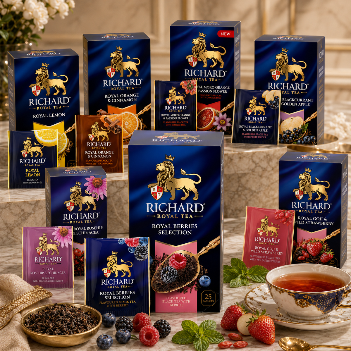 Richard Royal Berries Selection Black Tea Bags with Blueberry, Strawberry & Raspberry, 25-Sachet Gift Box, 42.5g