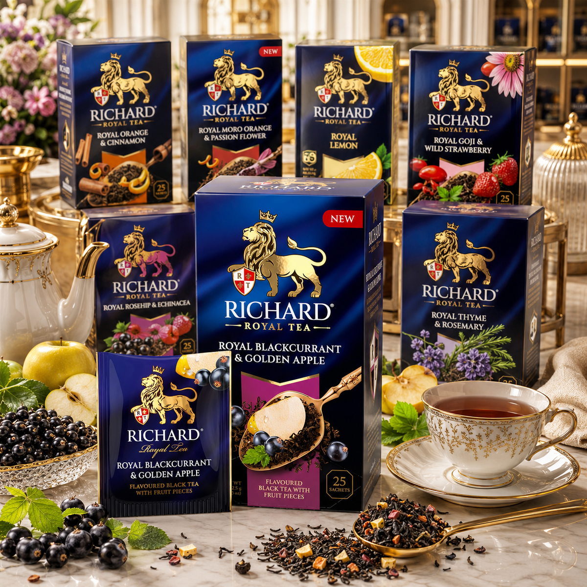 Richard Royal Blackcurrant & Golden Apple Black Tea Bags with Fruit Pieces, 25-Sachet Gift Box, 42.5g