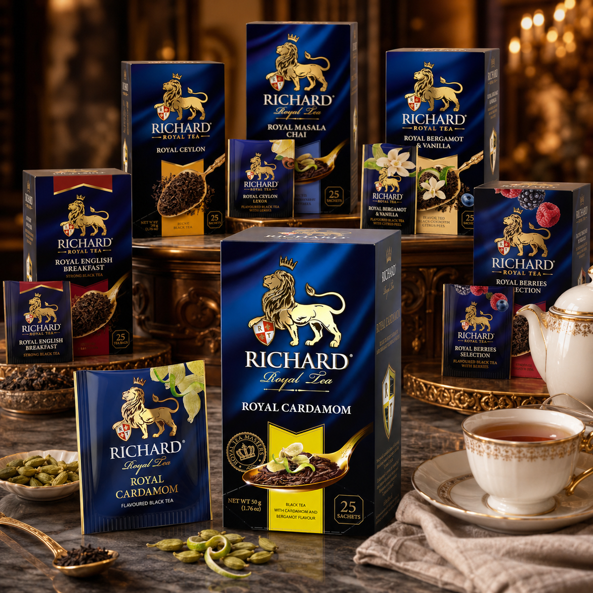 Richard Royal Cardamom & Bergamot Black Tea Bags, Aromatic Citrus Spice Blend, 25-Sachet Gift Box, 50g