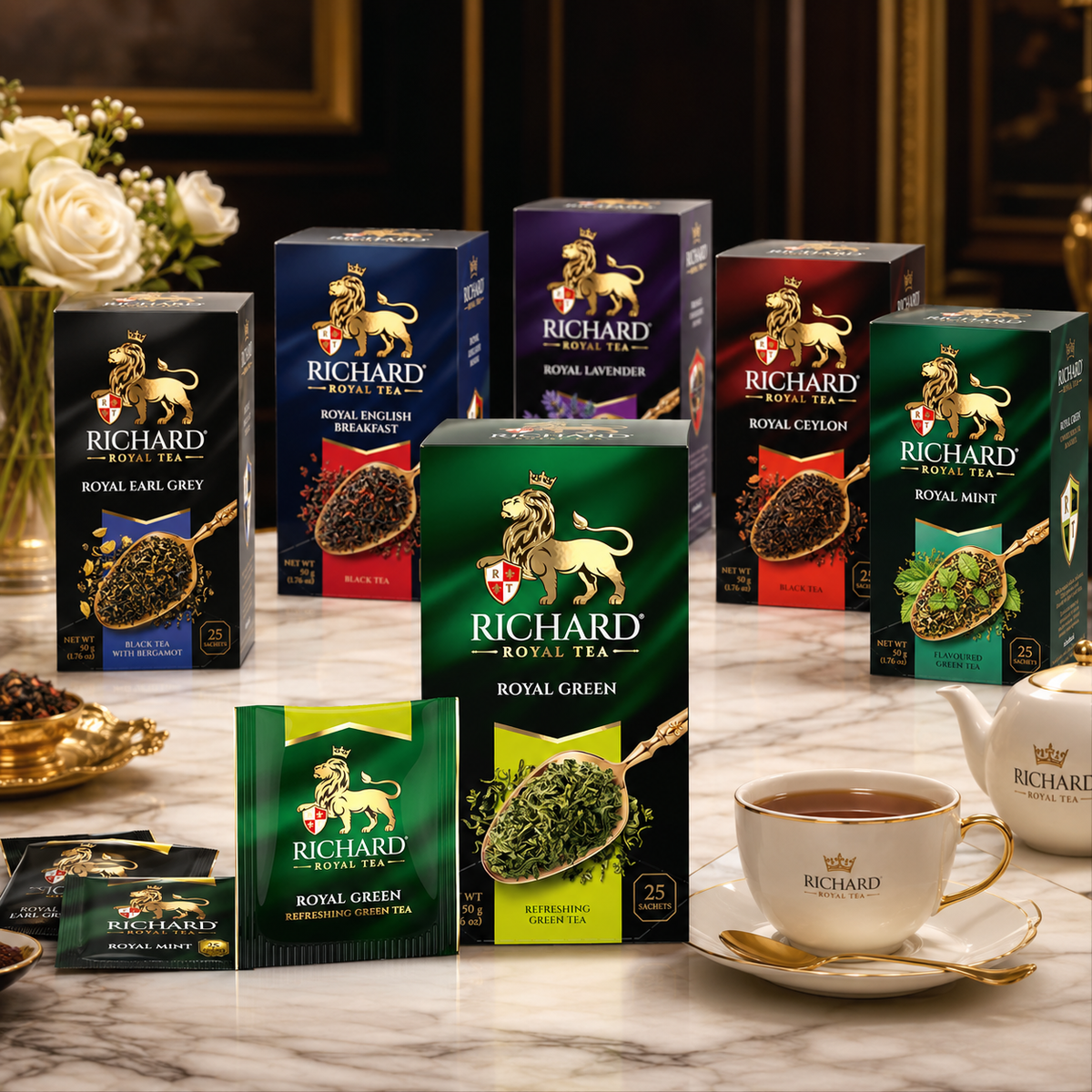 Richard Royal Chinese Refreshing Green Tea Bags, Smooth & Light, 25-Sachet Gift Box, 50g