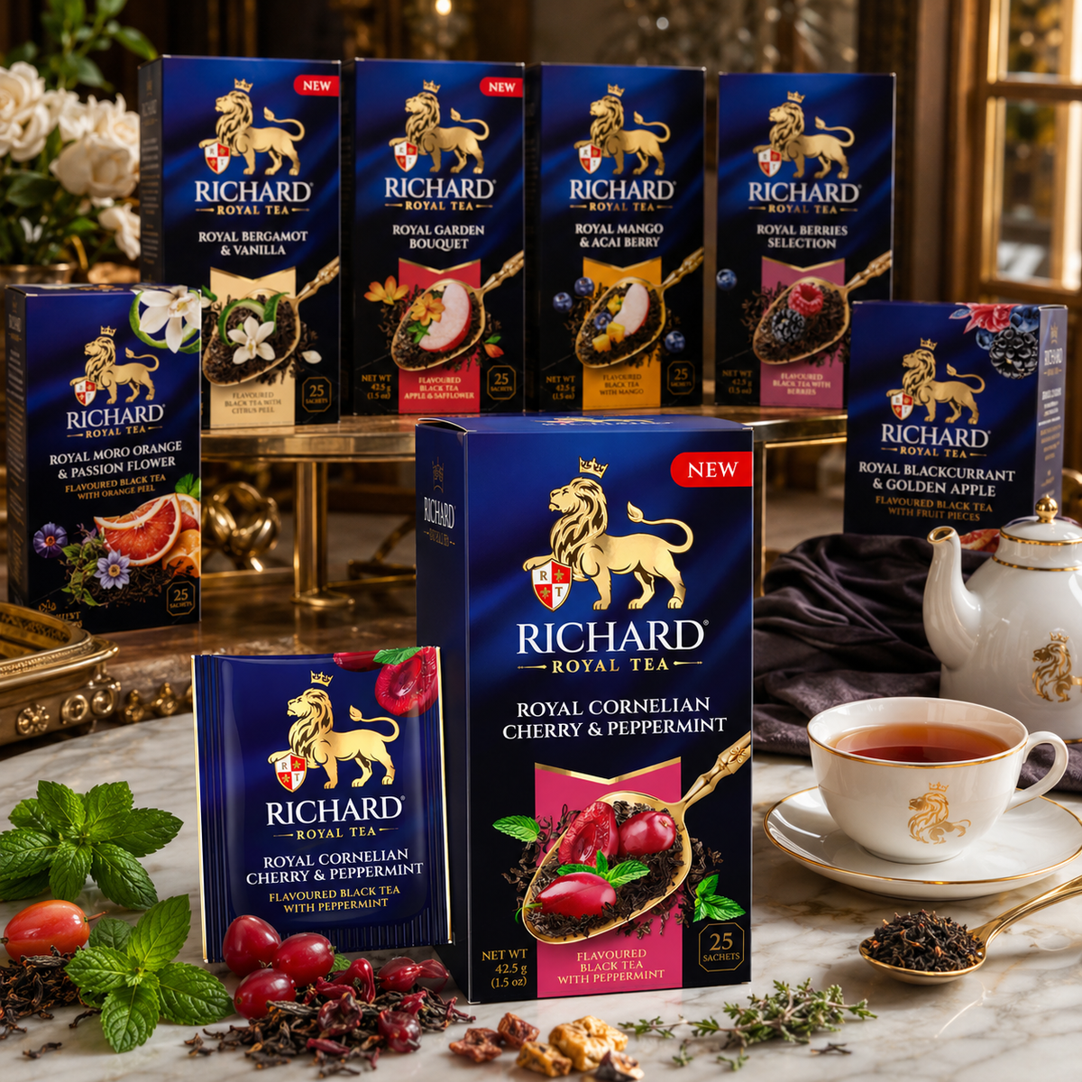 Richard Royal Cornelian Cherry & Peppermint Black Tea Bags with Herbal Botanicals, 25-Sachet Gift Box, 42.5g