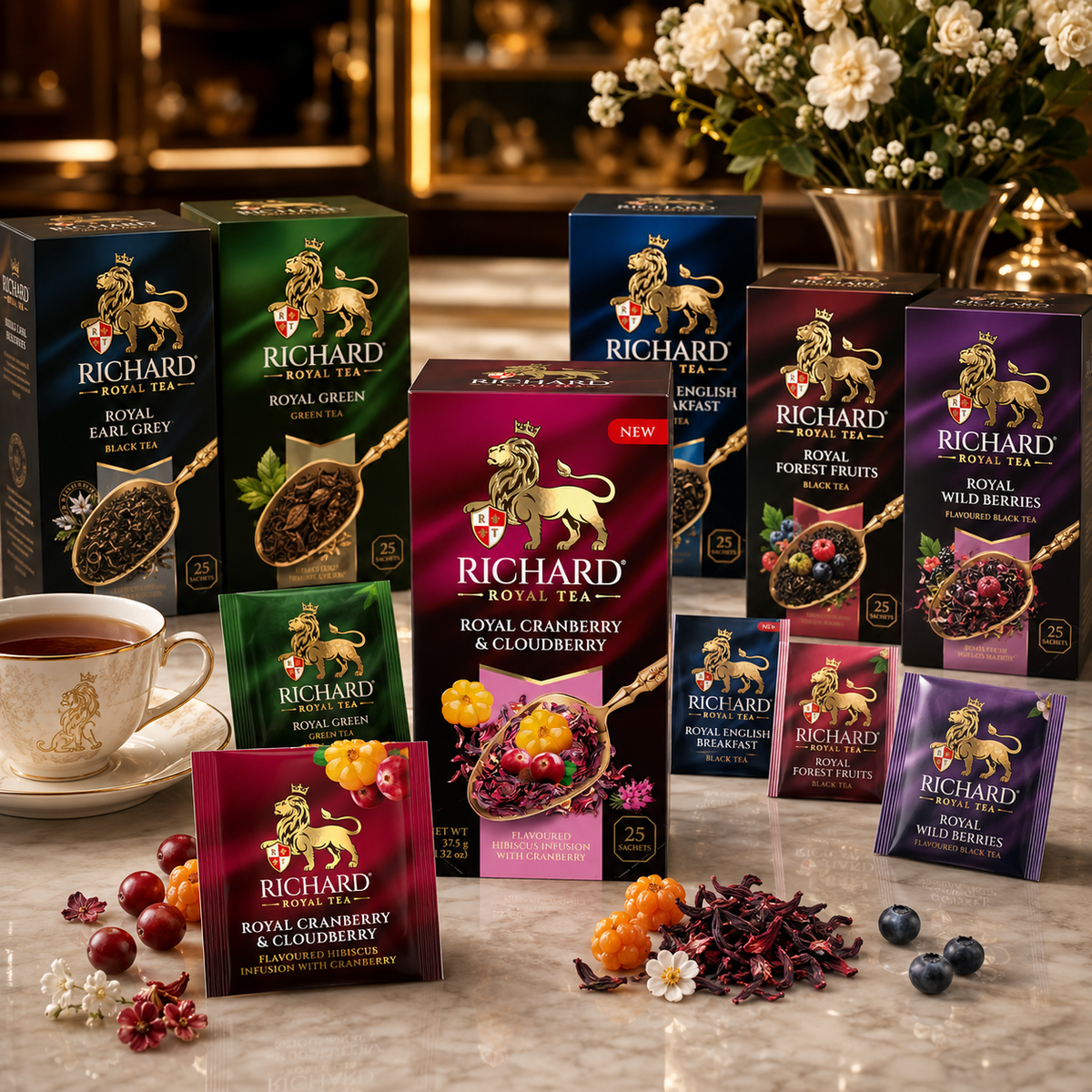Richard Royal Cranberry & Cloudberry Hibiscus Infusion Tea Bags with Apple & Berries, 25-Sachet Gift Box, 37.5g