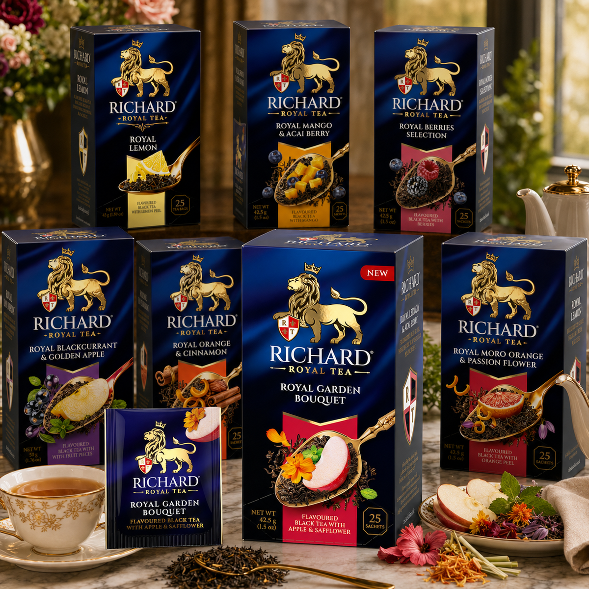 Richard Royal Garden Bouquet Black Tea Bags with Apple, Mint & Safflower, 25-Sachet Gift Box, 42.5g