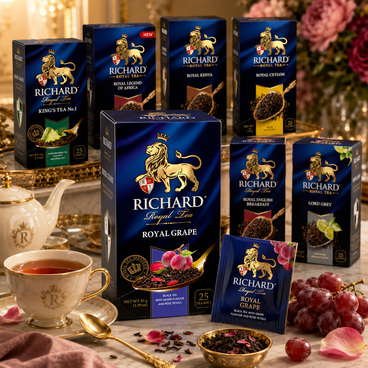 Richard Royal Grape & Rose Petals Black Tea Bags, Floral Fruit Blend, 25-Sachet Gift Box, 45g