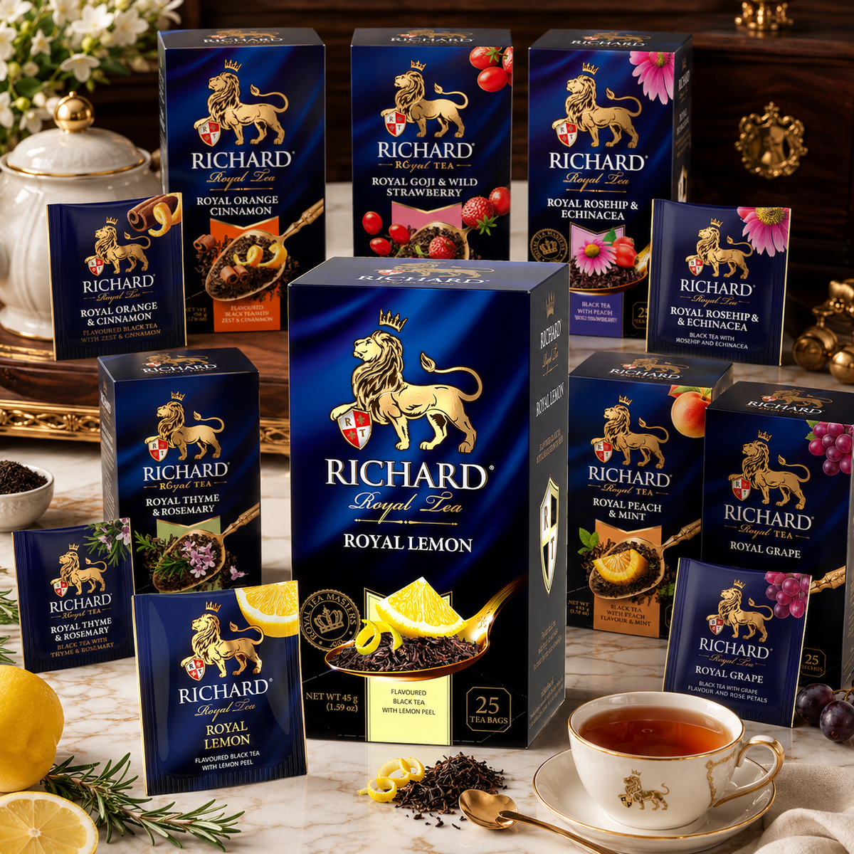 Richard Royal Lemon Black Tea Bags with Lemon Peel & Rosemary, 25-Sachet Gift Box, 45g
