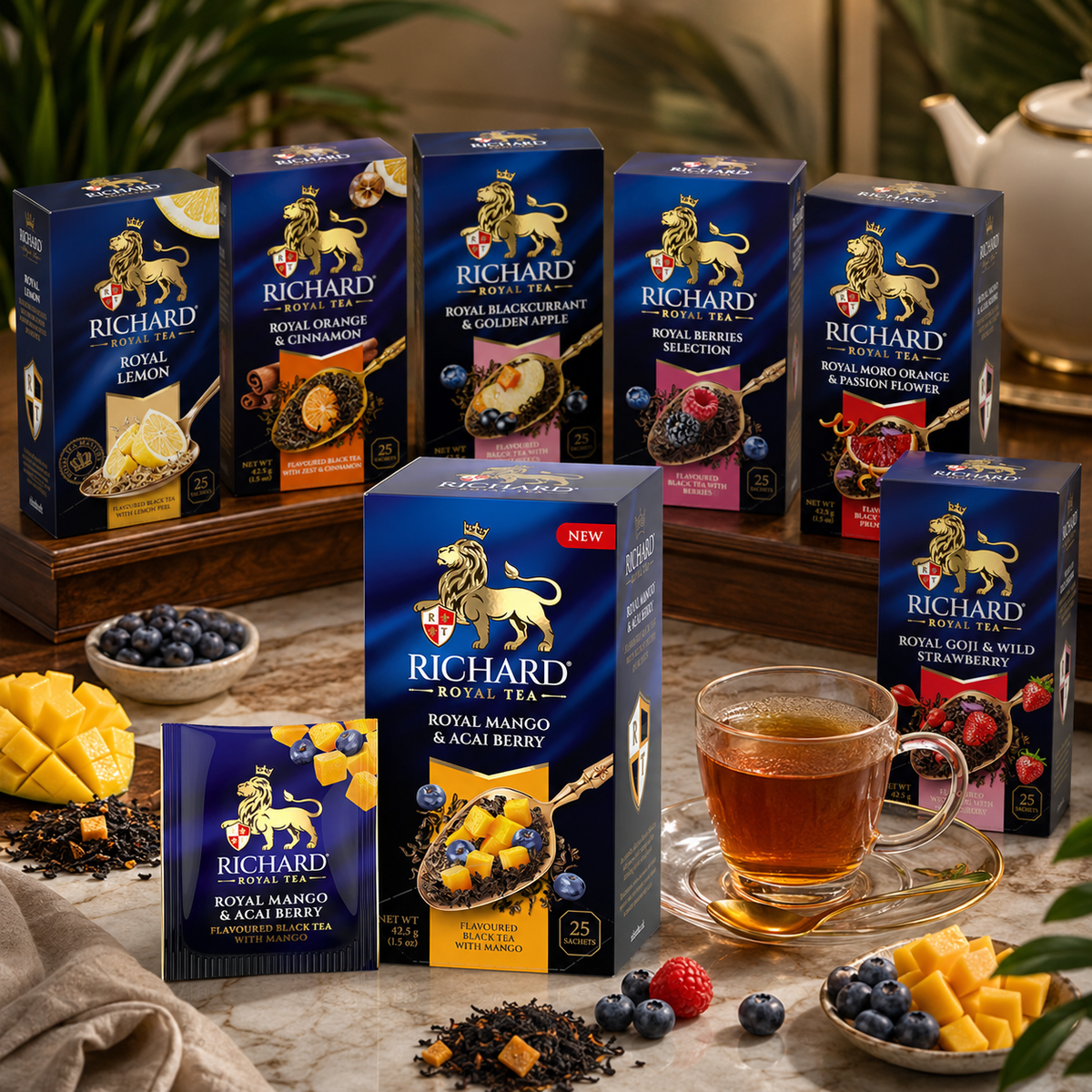 Richard Royal Mango & Acai Berry Black Tea Bags with Tropical Fruit, 25-Sachet Gift Box, 42.5g