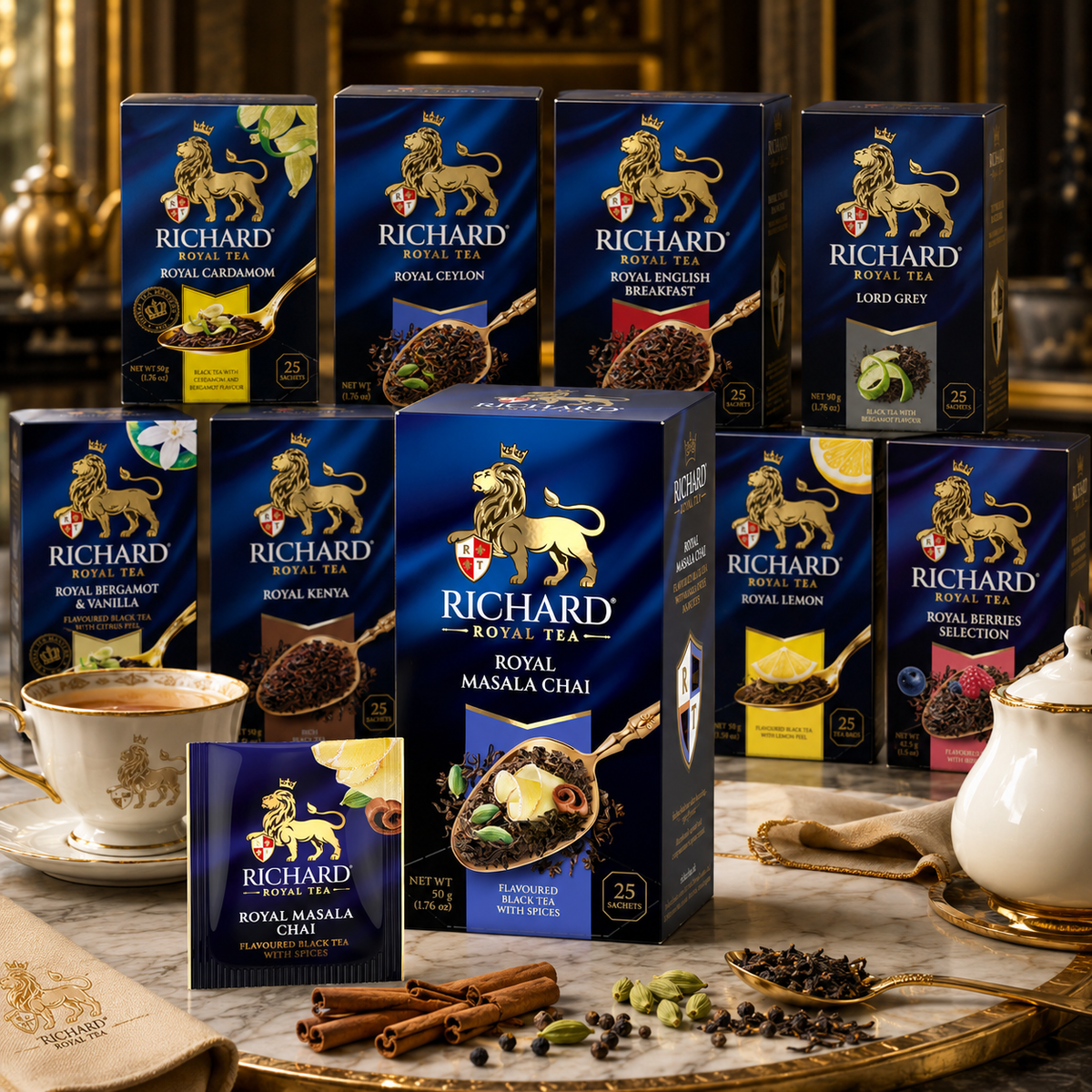 Richard Royal Masala Chai Black Tea Bags with Ginger, Cardamom, Cinnamon & Pepper, 25-Sachet Gift Box, 50g