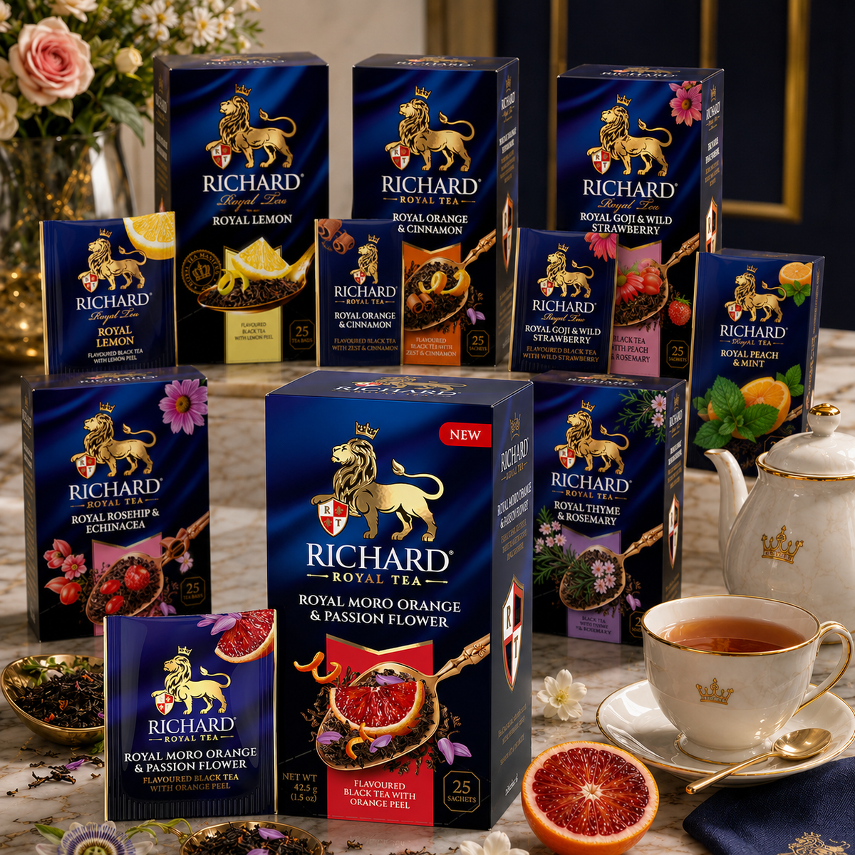 Richard Royal Moro Orange & Passion Flower Black Tea Bags with Jasmine & Rose, 25-Sachet Gift Box, 42.5g