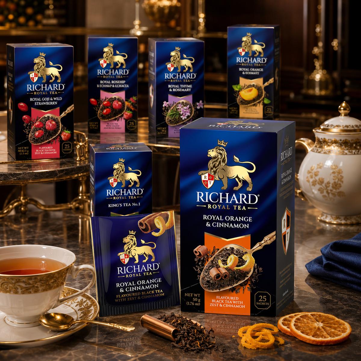 Richard Royal Orange & Cinnamon Black Tea Bags with Citrus Zest & Spice, 25-Sachet Gift Box, 50g