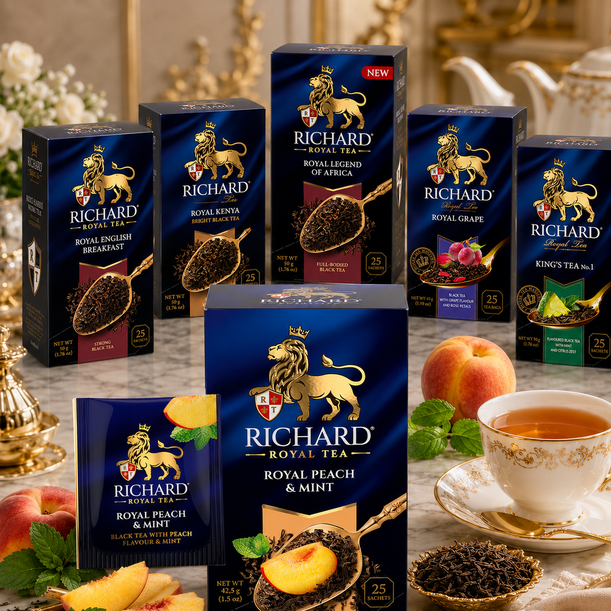 Richard Royal Peach & Mint Black Tea Bags, Fruit-Flavored Blend, 25-Sachet Gift Box, 42.5g