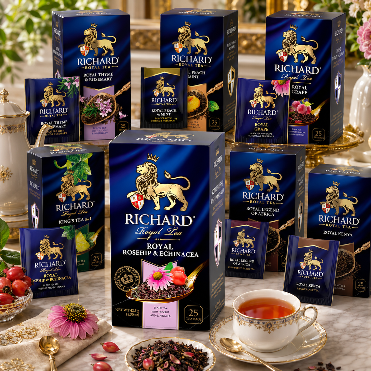 Richard Royal Rosehip & Echinacea Black Tea Bags with Lemongrass & Blackcurrant Leaf, 25-Sachet Gift Box, 42.5g