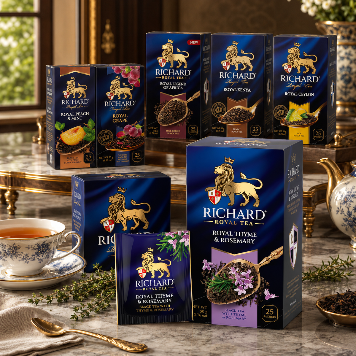 Richard Royal Thyme & Rosemary Black Tea Bags, Herbal Botanical Blend, 25-Sachet Gift Box, 50g