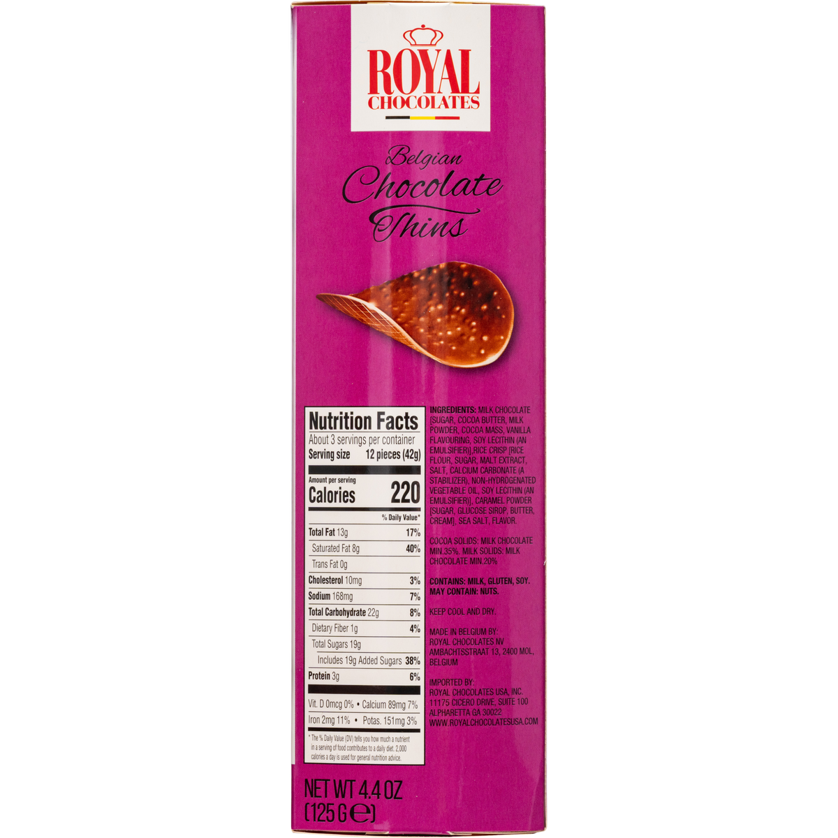 Royal Chocolates Belgian Milk Chocolate Thins with Caramel & Sea Salt, 4.4 oz (125 g)