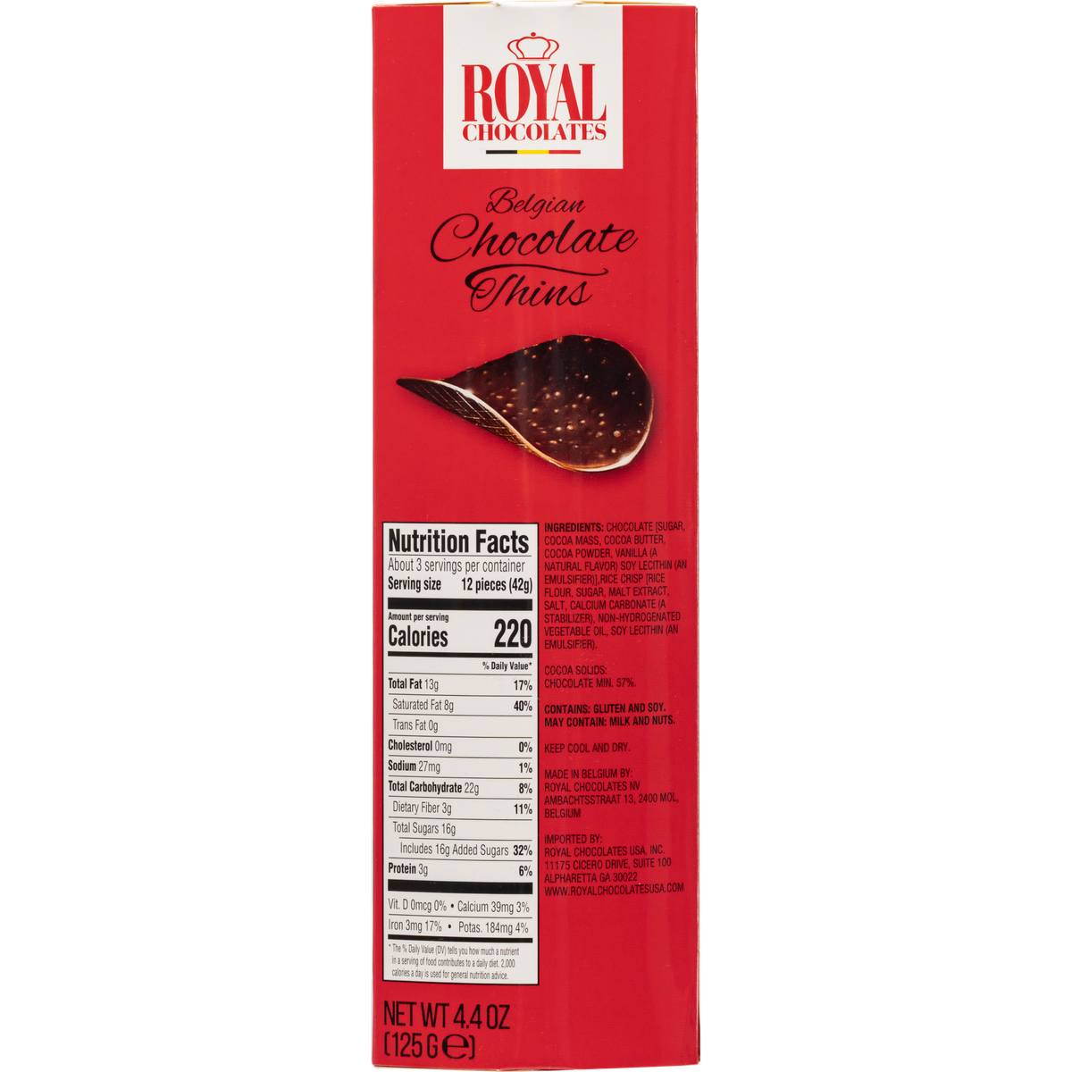 Royal Chocolates Belgian Dark Chocolate Thins with Crispy Rice Puffs, 4.4 oz (125 g)