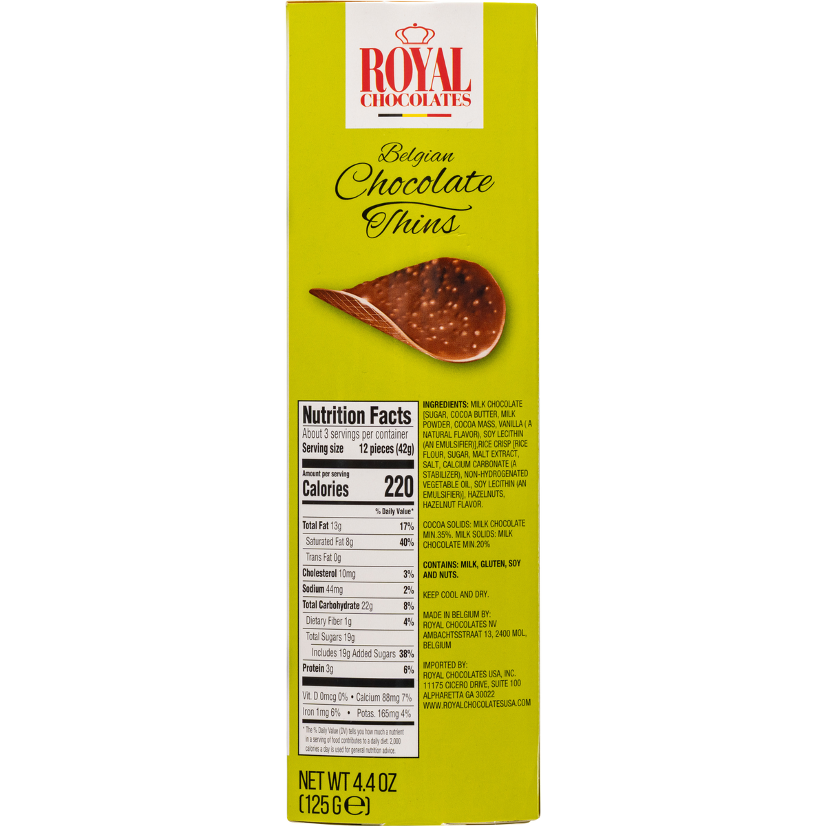 Royal Chocolates Belgian Milk Chocolate Hazelnut Thins with Crispy Rice Puffs, 4.4 oz (125 g)