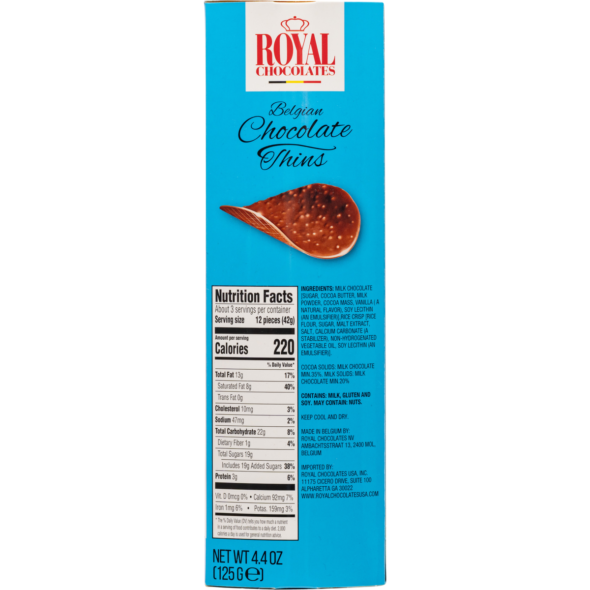 Royal Chocolates Belgian Milk Chocolate Thins with Crispy Rice Puffs, 4.4 oz (125 g)