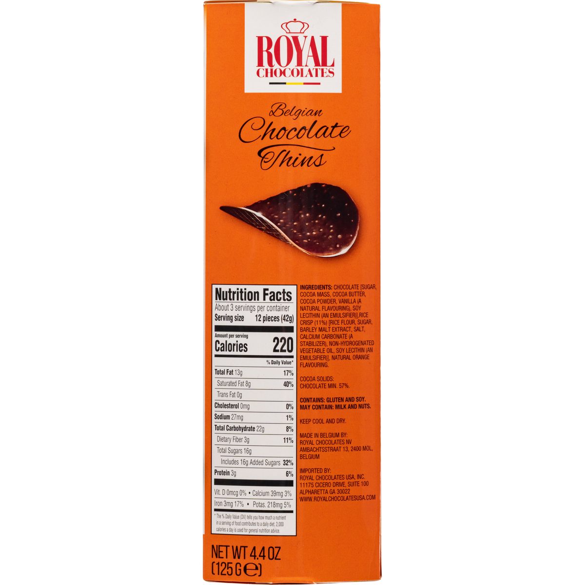 Royal Chocolates Belgian Dark Chocolate Orange Thins with Crispy Rice Puffs, 4.4 oz (125 g)