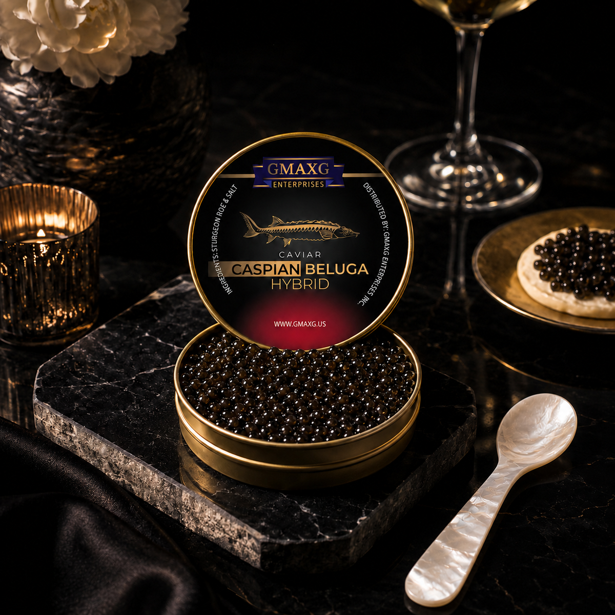 Caspian Beluga Hybrid Caviar Tin with Mother-of-Pearl Spoon, Black Marble Presentation and Luxury Gourmet Serving Display
