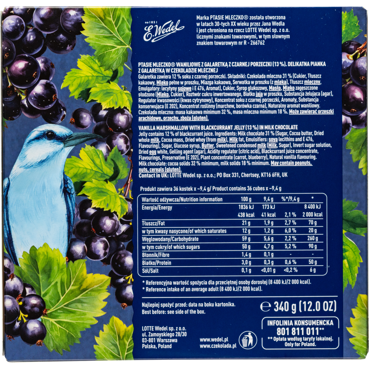 E. Wedel Limited Edition Ptasie Mleczko Polish Bird's Milk – Vanilla Marshmallow with Blackcurrant Jelly in Milk Chocolate, 340g