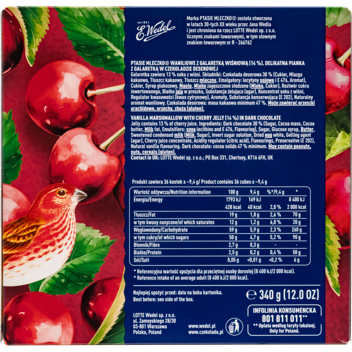 E. Wedel Limited Edition Ptasie Mleczko Polish Bird's Milk – Vanilla Marshmallow with Cherry Jelly in Dark Chocolate, 340g