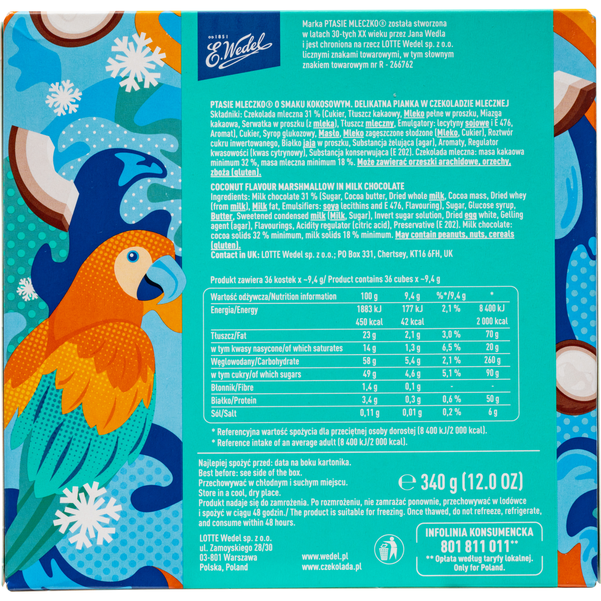 E. Wedel Limited Edition Ptasie Mleczko Polish Bird's Milk – Coconut Vanilla Marshmallow in Milk Chocolate, 340g