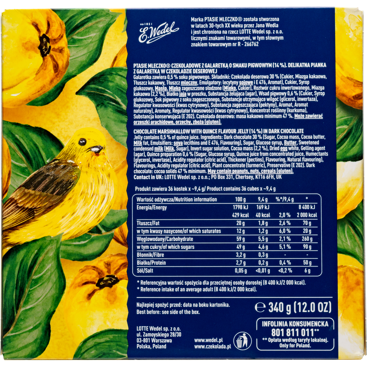 E. Wedel Limited Edition Ptasie Mleczko Polish Bird's Milk – Chocolate Marshmallow with Quince Jelly in Dark Chocolate, 340g