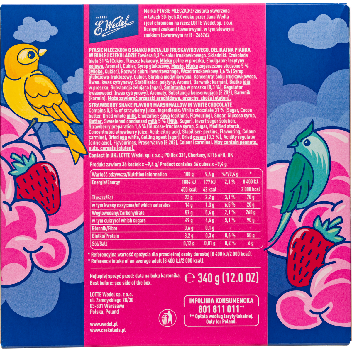 E. Wedel Limited Edition Ptasie Mleczko Polish Bird's Milk – Strawberry Shake in White Chocolate, 340g