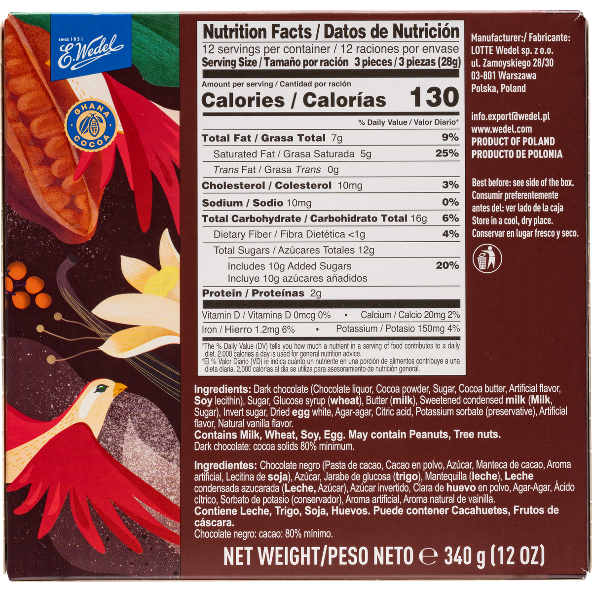 E. Wedel Ptasie Mleczko Polish Bird's Milk – Vanilla Marshmallow in 80% Extra Dark Chocolate, 340g