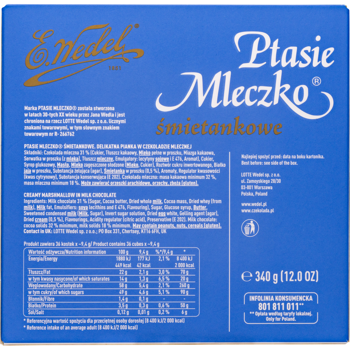 E. Wedel Vintage Ptasie Mleczko Bird’s Milk Cream Marshmallows in Milk Chocolate, 36 Pieces, 12 oz (340 g)