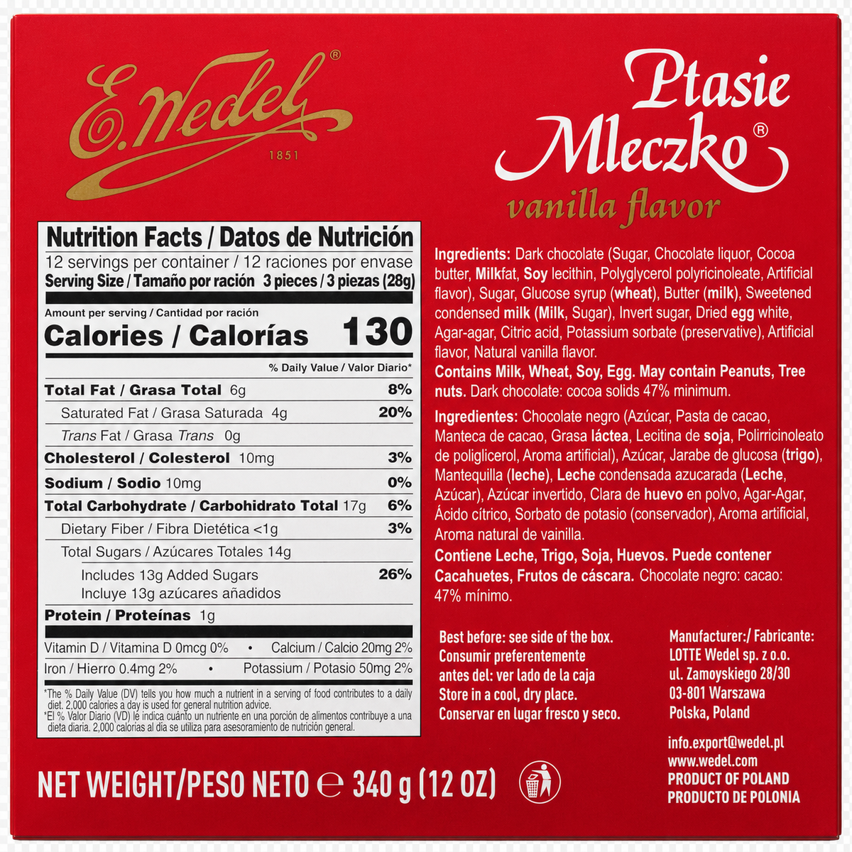 E. Wedel Vintage Ptasie Mleczko Polish Bird's Milk – Vanilla Marshmallow in Dark Chocolate, 340g