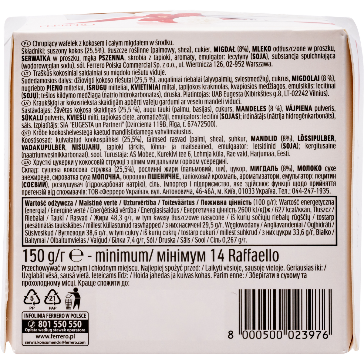 Ferrero Raffaello Coconut Almond Wafer Candy Gift Box, 14 Pieces, 5.29 oz (150 g)