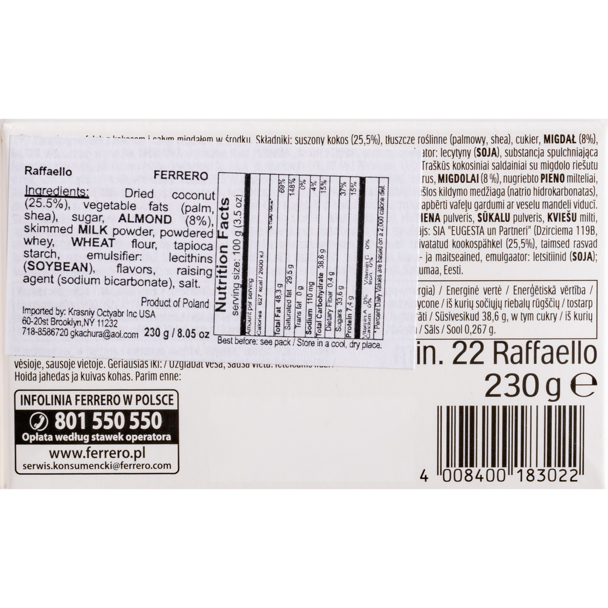 Ferrero Raffaello Coconut Almond Wafer Candy Gift Box, 22 Pieces, 8.05 oz (230 g)