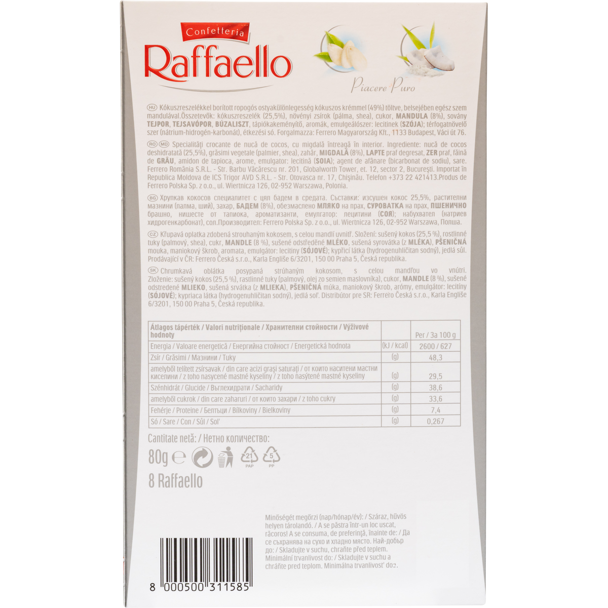 Ferrero Raffaello Coconut Almond Wafer Candy Gift Box, 8 Pieces, 2.82 oz (80 g)