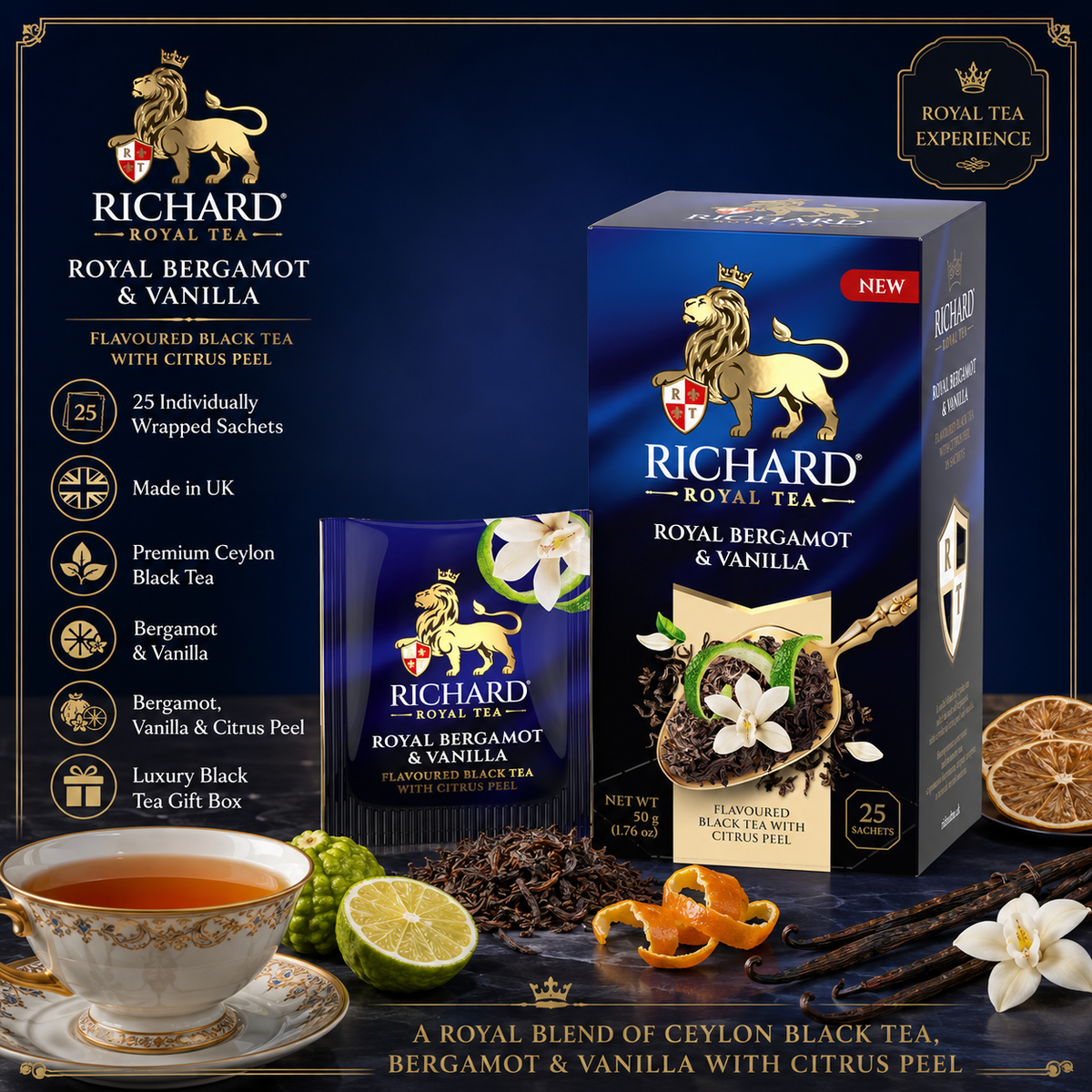 Richard Royal Bergamot & Vanilla Ceylon Black Tea Bags with Citrus Peel, 25-Sachet Gift Box, 50g