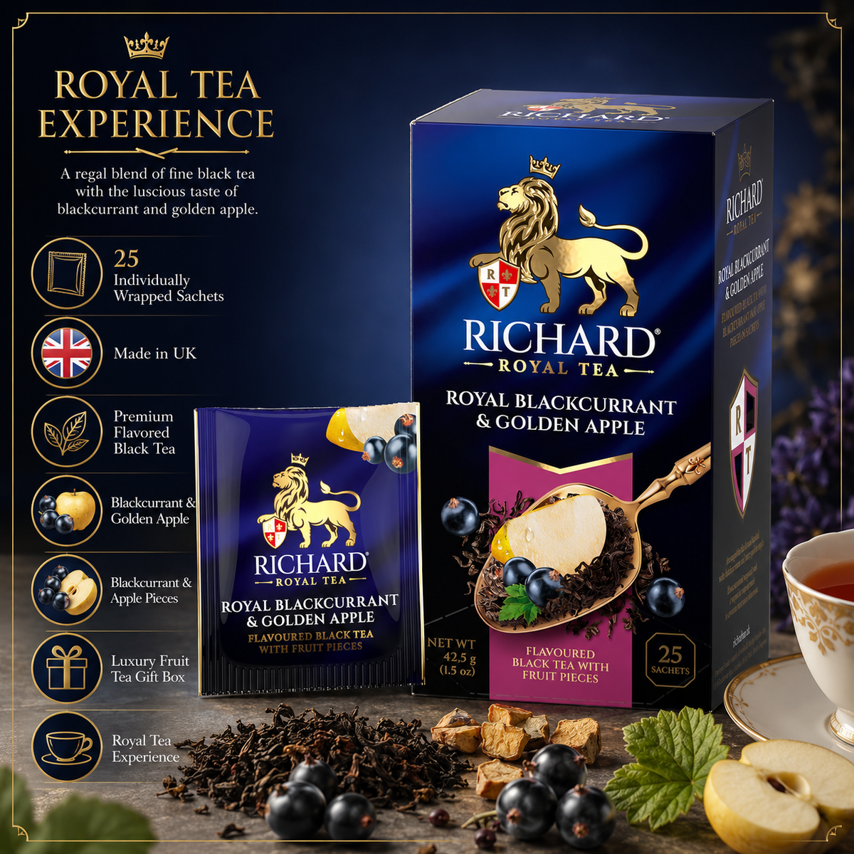 Richard Royal Blackcurrant & Golden Apple Black Tea Bags with Fruit Pieces, 25-Sachet Gift Box, 42.5g