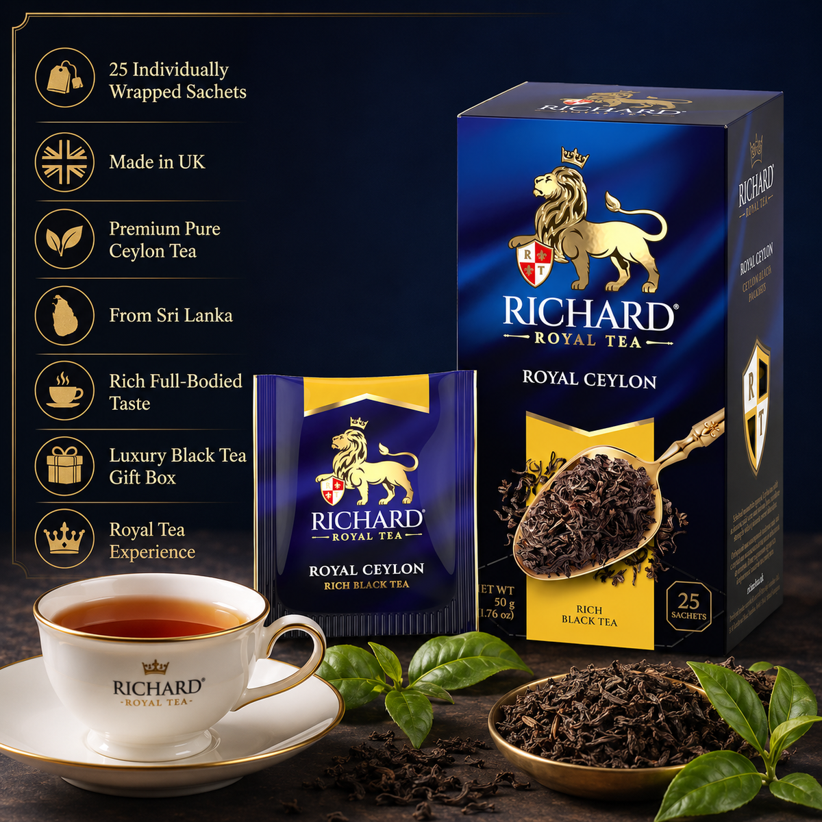 Richard Royal Ceylon Black Tea Bags from Sri Lanka, Rich & Full-Bodied, 25-Sachet Gift Box, 50g