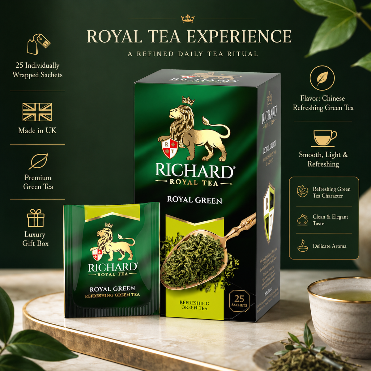 Richard Royal Chinese Refreshing Green Tea Bags, Smooth & Light, 25-Sachet Gift Box, 50g